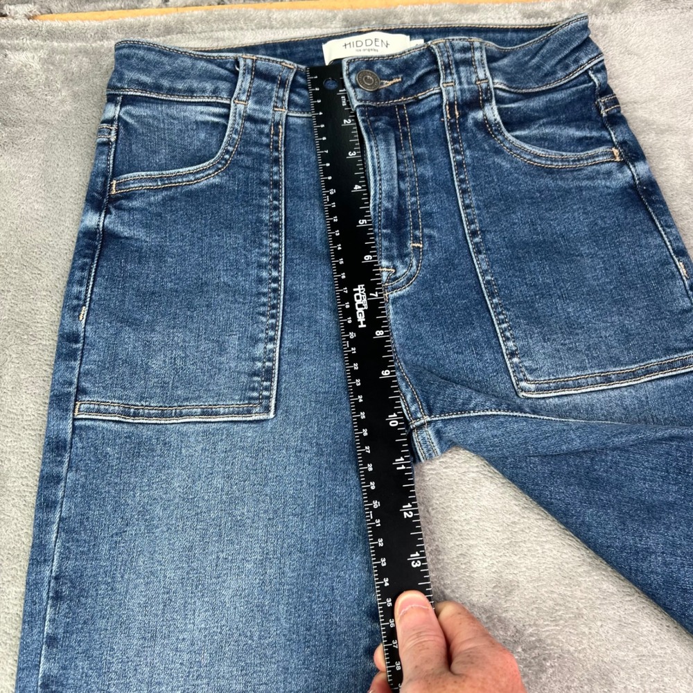 Hidden Jeans Flare Jeans Womens 25 Blue Solid Stretch Raw Hem Patch Pockets - Picture 10 of 14
